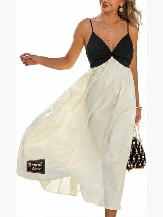 Dresses & Skirts - Satin Midi Dress Spaghetti Strap Twist Knot V Neck Cocktail Wedding Guest